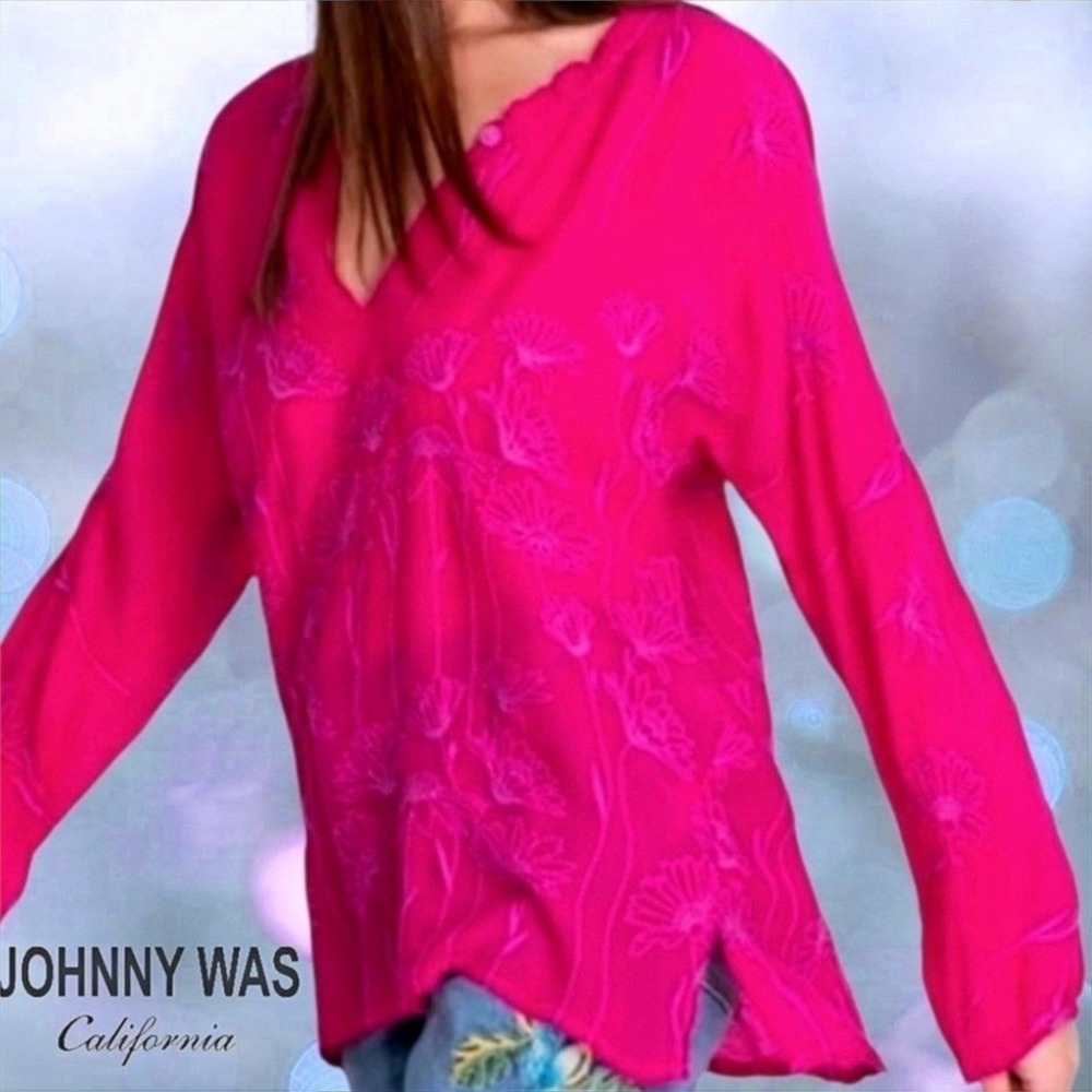 Johnny Was Daisy Arianda Embroidered Blouse Womens Peasant Top Fuchsia Pink S